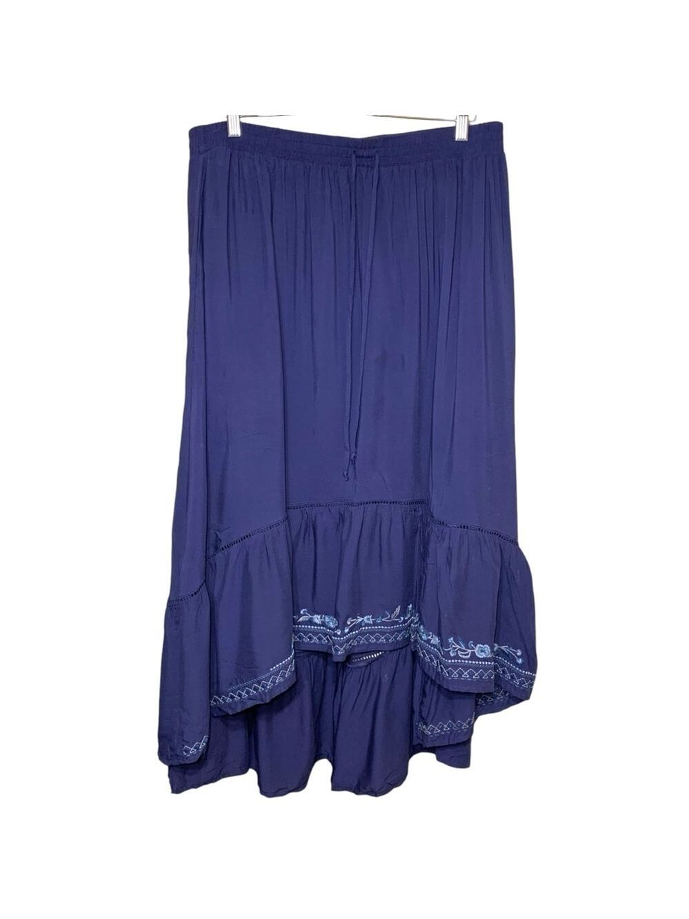 Knox Rose Bohemian Midi Skirt Blue Sz 2XL Floral Emboider High Low Ruffle Hem